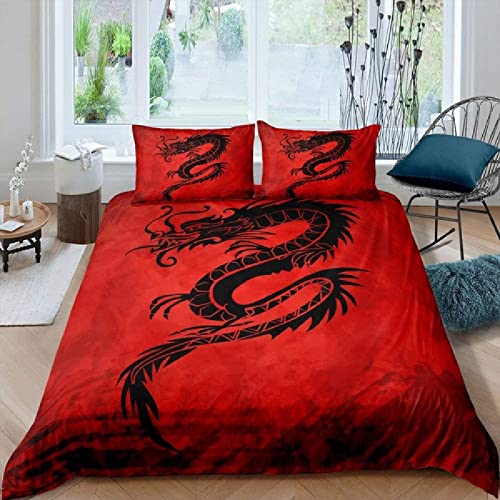 Bettwäsche 135x200 Chinesischer Drache, Weiche Mikrofaser 3D Druck Rot Bettwäsche-Sets Karikatur Bettbezüge und 2 Kissenbezug 80x80 cm mit Reißverschluss von HJKR