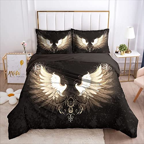 Bettwäsche 135x200 cm Flügel schwarz und weiß, Weich und Atmungsaktiv 110gsm Microfiber Bettwäsche Sets, Bettbezüge + 2 Kissenbezug 80x80 cm mit Reißverschluss von HJKR