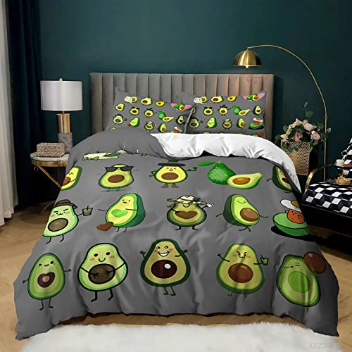 Bettwäsche 200x200 Avocado, Weiche Mikrofaser 3D Druck Karikatur Bettwäsche-Sets Kind Bettbezüge und 2 Kissenbezug 80x80 cm mit Reißverschluss von HJKR