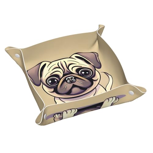 Lustiges Tablett mit Cartoon-Mops-Motiv, Leder, für Herren, Nachttisch, Ledertablett, Organizer, leeren Sie Ihre Taschen, Dekoration, Papa-Tablett von HJLUUFT