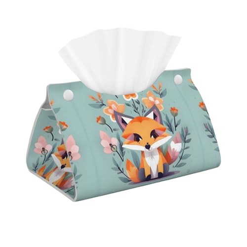 Niedliche Tier-Fuchs-Blumen, stilvolle doppelseitige Taschentuchbox aus Leder – wasserdicht, leicht und zusammenklappbar – perfekt für Badezimmer oder Auto von HJLUUFT