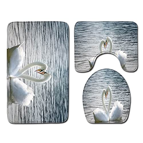 Badematte Weiß Tier Schwan Badezimmermatte 3-teiliges Badematten-Set 45 x 75 cm rutschfester Teppich Fußmatte Maschinenwaschbar U-Form Toilettenmatte Badematten für Badezimmer WC-Vorleger für Toilette von HJOSWVNS
