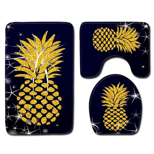 Badezimmermatte Abstrakte Goldene Ananas Fußmatte 3 Teilig Duschvorleger rutschfest Badezimmerteppich Saugfähig Badvorleger Set Bath Mat Langlebig Badmatte Waschbar Badematte 45x75cm von HJOSWVNS
