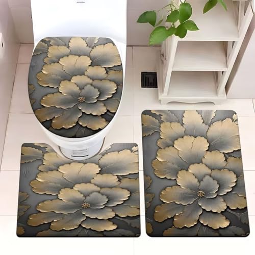 Badezimmermatte Abstrakte Graue Blume Fußmatte 3 Teilig Badteppich Set Badmatte rutschfest Rugs for Living Room Saugfähig Bath Mat Langlebig Fussmatte Innen Waschbar Badezimmerteppich 50x80cm von HJOSWVNS