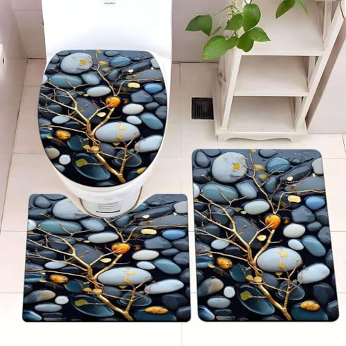 Badezimmermatte Abstrakter Baum Blau Fußmatte 3 Teilig Badteppich Set Bath Mat rutschfest Badmatte Saugfähig Teppich Wohnzimmer Langlebig Badezimmerteppich Waschbar Fussmatte Innen 50x80cm von HJOSWVNS