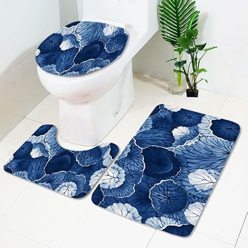 Badezimmermatte Abstraktes Blaues Blatt Fußmatte 3 Teilig Duschvorleger rutschfest Badezimmerteppich Saugfähig Badvorleger Set Bath Mat Langlebig Badmatte Waschbar Badematte 45x75cm von HJOSWVNS