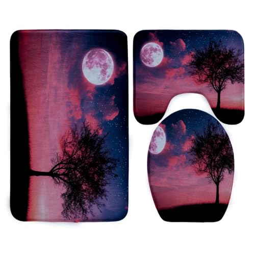 Badezimmermatte Baum Mond Landschaft Fußmatte 3 Teilig Bath Mat rutschfeste Badematte Saugfähig Badmatte Wohnzimmer Badezimmerteppich Langlebig Badvorleger Waschbar Badteppich Set 50x80cm von HJOSWVNS