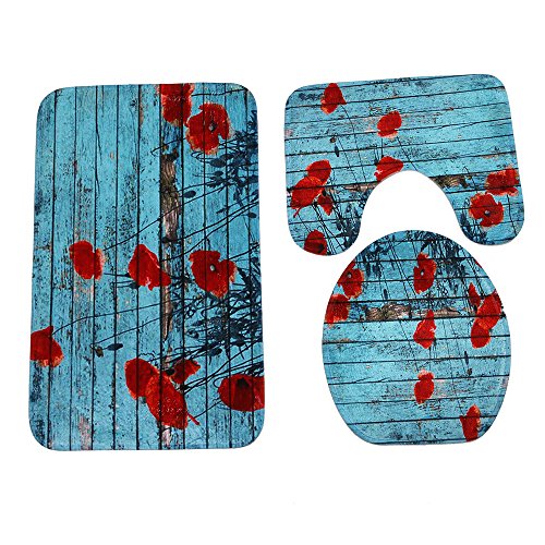 Badezimmermatte Blaue Blume Rot Fußmatte 3 Teilig Badteppich Set Badmatte rutschfest Rugs for Living Room Saugfähig Bath Mat Langlebig Fussmatte Innen Waschbar Badezimmerteppich 45x75cm von HJOSWVNS