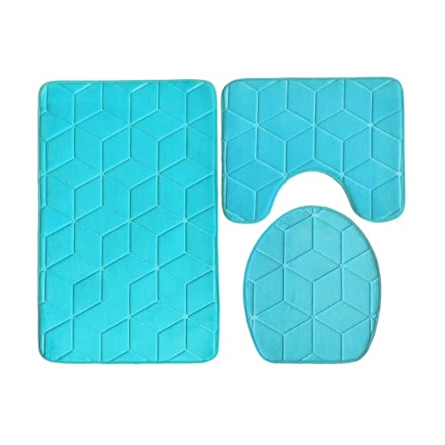 Badezimmermatte Blaue Geometrie Fußmatte 3 Teilig Badteppich Set Badmatte rutschfest Rugs for Living Room Saugfähig Bath Mat Langlebig Fussmatte Innen Waschbar Badezimmerteppich 50x80cm von HJOSWVNS