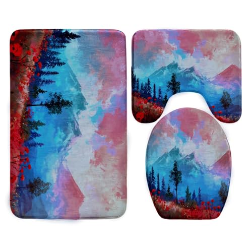 Badezimmermatte Blaue Landschaft Rot Fußmatte 3 Teilig Bath Mat rutschfeste Badematte Saugfähig Badmatte Wohnzimmer Badezimmerteppich Langlebig Badvorleger Waschbar Badteppich Set 50x80cm von HJOSWVNS