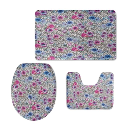 Badezimmermatte Blaue Lila Blume Fußmatte 3 Teilig Bath Mat rutschfest Badmatte Saugfähig Wohnzimmer Badezimmerteppich Langlebig Badematte Waschbar Badteppich Set Badezimmermatten 50x80cm von HJOSWVNS