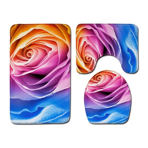 Badezimmermatte Blaue Rose Orange Fußmatte 3 Teilig Duschvorleger rutschfest Badezimmerteppich Saugfähig Badvorleger Set Bath Mat Langlebig Badmatte Waschbar Badematte 50x80cm von HJOSWVNS