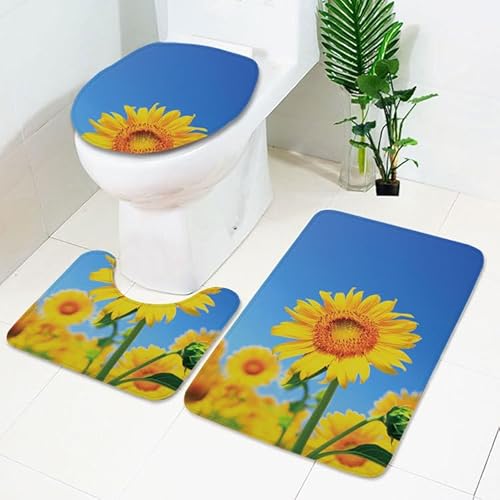 Badezimmermatte Blaue Sonnenblume Fußmatte 3 Teilig Badteppich Set Bath Mat rutschfest Badmatte Saugfähig Teppich Wohnzimmer Langlebig Badezimmerteppich Waschbar Fussmatte Innen 50x80cm von HJOSWVNS