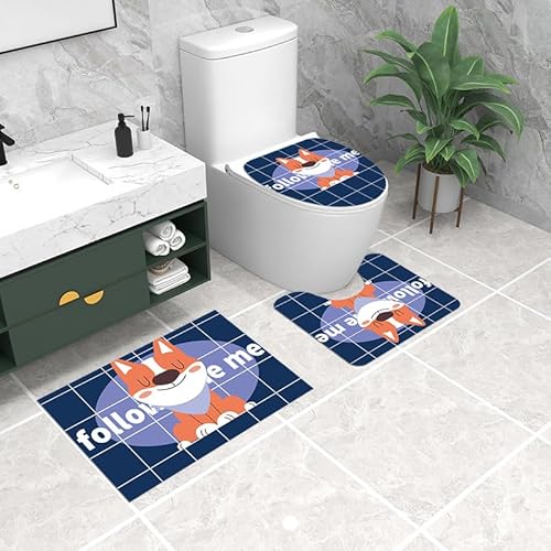 Badezimmermatte Blauer Orangenhund Fußmatte 3 Teilig Duschvorleger rutschfest Badezimmerteppich Saugfähig Badvorleger Set Bath Mat Langlebig Badmatte Waschbar Badematte 50x80cm von HJOSWVNS