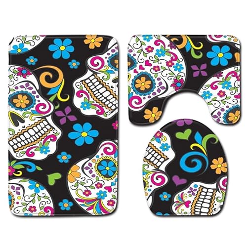 Badezimmermatte Blauer Schädel Schwarz Fußmatte 3 Teilig Duschvorleger rutschfest Badezimmerteppich Saugfähig Badvorleger Set Bath Mat Langlebig Badmatte Waschbar Badematte 50x80cm von HJOSWVNS