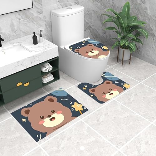 Badezimmermatte Braunbär Gelb Fußmatte 3 Teilig Duschvorleger rutschfest Badezimmerteppich Saugfähig Badvorleger Set Bath Mat Langlebig Badmatte Waschbar Badematte 45x75cm von HJOSWVNS