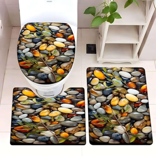 Badezimmermatte Braune Blätter Grün Fußmatte 3 Teilig Badteppich Set Bath Mat rutschfest Badmatte Saugfähig Teppich Wohnzimmer Langlebig Badezimmerteppich Waschbar Fussmatte Innen 50x80cm von HJOSWVNS