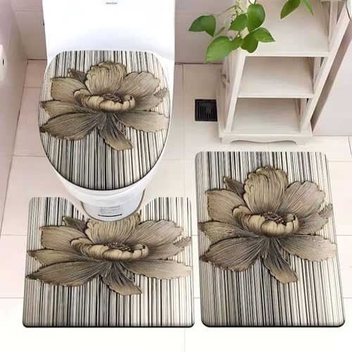 Badezimmermatte Braune Blumen Streifen Fußmatte 3 Teilig Badteppich Set Badmatte rutschfest Rugs for Living Room Saugfähig Bath Mat Langlebig Fussmatte Innen Waschbar Badezimmerteppich 45x75cm von HJOSWVNS