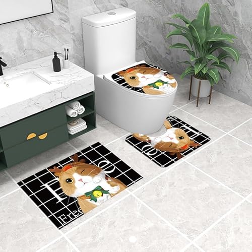 Badezimmermatte Braune Schwarze Katze Fußmatte 3 Teilig Duschvorleger rutschfest Badezimmerteppich Saugfähig Badvorleger Set Bath Mat Langlebig Badmatte Waschbar Badematte 45x75cm von HJOSWVNS