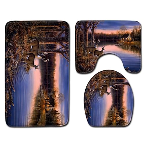 Badezimmermatte Brauner Blauer Baum Fußmatte 3 Teilig Duschvorleger rutschfest Badezimmerteppich Saugfähig Badvorleger Set Bath Mat Langlebig Badmatte Waschbar Badematte 45x75cm von HJOSWVNS
