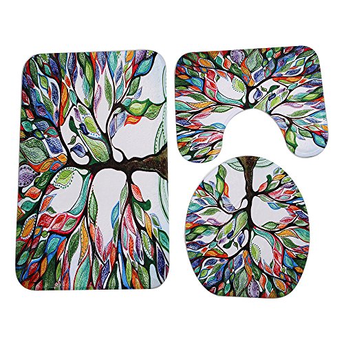 Badezimmermatte Bunter Baum Fußmatte 3 Teilig Badteppich Set Badmatte rutschfest Rugs for Living Room Saugfähig Bath Mat Langlebig Fussmatte Innen Waschbar Badezimmerteppich 50x80cm von HJOSWVNS