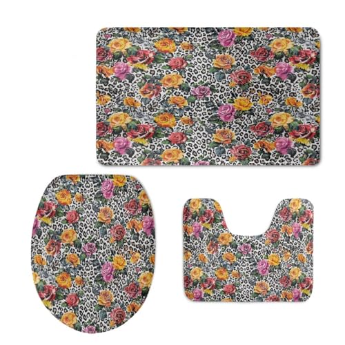 Badezimmermatte Buntes Rosenmuster Fußmatte 3 Teilig Bath Mat rutschfest Badmatte Saugfähig Wohnzimmer Badezimmerteppich Langlebig Badematte Waschbar Badteppich Set Badezimmermatten 45x75cm von HJOSWVNS