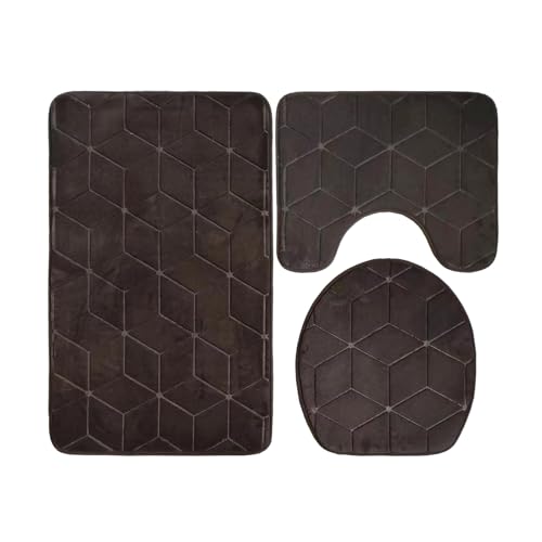 Badezimmermatte Dunkelbraune Geometrie Fußmatte 3 Teilig Badteppich Set Badmatte rutschfest Rugs for Living Room Saugfähig Bath Mat Langlebig Fussmatte Innen Waschbar Badezimmerteppich 45x75cm von HJOSWVNS