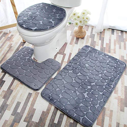 Badezimmermatte Dunkelgrauer Stein Fußmatte 3 Teilig Badteppich Set Bath Mat rutschfest Badmatte Saugfähig Teppich Wohnzimmer Langlebig Badezimmerteppich Waschbar Fussmatte Innen 50x80cm von HJOSWVNS