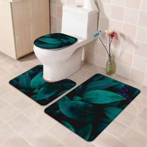 Badezimmermatte Dunkelgrüne Blätter Fußmatte 3 Teilig Duschvorleger rutschfest Badezimmerteppich Saugfähig Badvorleger Set Bath Mat Langlebig Badmatte Waschbar Badematte 45x75cm von HJOSWVNS