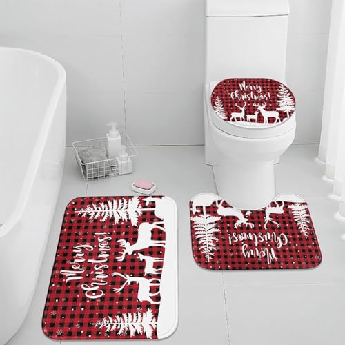 Badezimmermatte Elch Weiß Rot Fußmatte 3 Teilig Duschvorleger rutschfest Badezimmerteppich Saugfähig Badvorleger Set Bath Mat Langlebig Badmatte Waschbar Badematte 45x75cm von HJOSWVNS