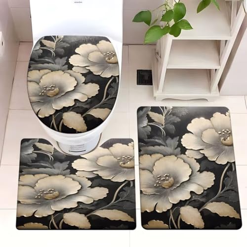 Badezimmermatte Elegante Beige Blume Fußmatte 3 Teilig Badteppich Set Badmatte rutschfest Rugs for Living Room Saugfähig Bath Mat Langlebig Fussmatte Innen Waschbar Badezimmerteppich 45x75cm von HJOSWVNS
