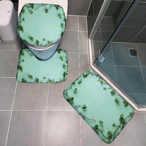 Badezimmermatte Elegante Grüne Blätter Fußmatte 3 Teilig Bath Mat rutschfeste Badematte Saugfähig Badmatte Wohnzimmer Badezimmerteppich Langlebig Badvorleger Waschbar Badteppich Set 50x80cm von HJOSWVNS