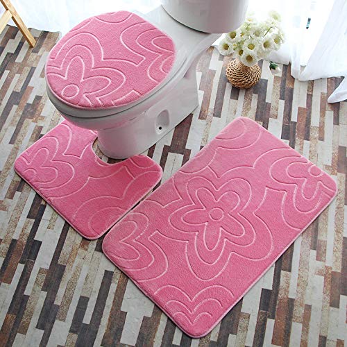 Badezimmermatte Elegante Rosa Blumen Fußmatte 3 Teilig Badteppich Set Bath Mat rutschfest Badmatte Saugfähig Teppich Wohnzimmer Langlebig Badezimmerteppich Waschbar Fussmatte Innen 45x75cm von HJOSWVNS