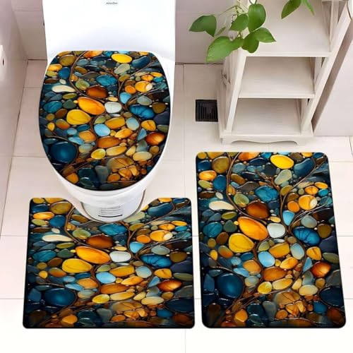 Badezimmermatte Gelb Blauer Stein Fußmatte 3 Teilig Badteppich Set Bath Mat rutschfest Badmatte Saugfähig Teppich Wohnzimmer Langlebig Badezimmerteppich Waschbar Fussmatte Innen 45x75cm von HJOSWVNS