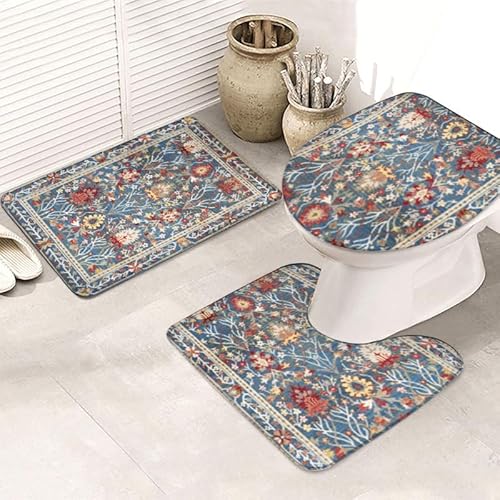 Badezimmermatte Gelbe Blume Blau Fußmatte 3 Teilig Badteppich Set Badmatte rutschfest Rugs for Living Room Saugfähig Bath Mat Langlebig Fussmatte Innen Waschbar Badezimmerteppich 50x80cm von HJOSWVNS