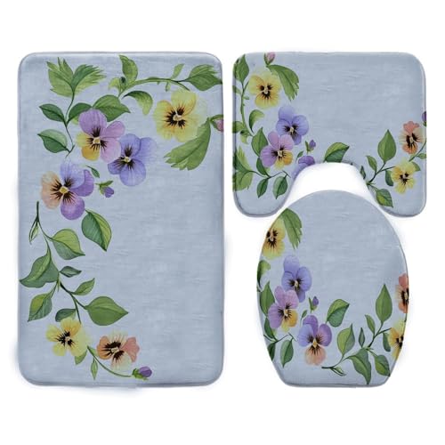 Badezimmermatte Gelbe Blume Grün Fußmatte 3 Teilig Bath Mat rutschfeste Badematte Saugfähig Badmatte Wohnzimmer Badezimmerteppich Langlebig Badvorleger Waschbar Badteppich Set 50x80cm von HJOSWVNS