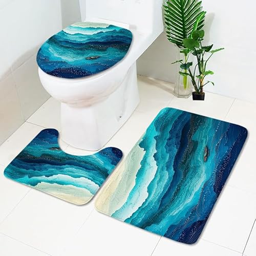 Badezimmermatte Gelber Blauer Marmor Fußmatte 3 Teilig Duschvorleger rutschfest Badezimmerteppich Saugfähig Badvorleger Set Bath Mat Langlebig Badmatte Waschbar Badematte 45x75cm von HJOSWVNS