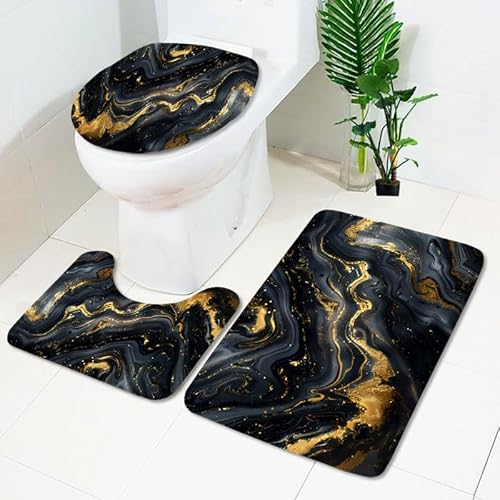 Badezimmermatte Gold Marmor Schwarz Fußmatte 3 Teilig Duschvorleger rutschfest Badezimmerteppich Saugfähig Badvorleger Set Bath Mat Langlebig Badmatte Waschbar Badematte 50x80cm von HJOSWVNS