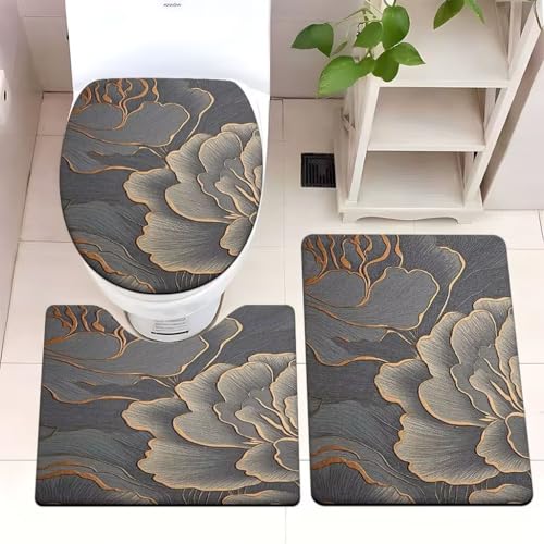 Badezimmermatte Goldbraun Grau Fußmatte 3 Teilig Badteppich Set Badmatte rutschfest Rugs for Living Room Saugfähig Bath Mat Langlebig Fussmatte Innen Waschbar Badezimmerteppich 50x80cm von HJOSWVNS