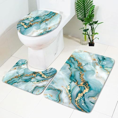 Badezimmermatte Golden White Blue Fußmatte 3 Teilig Duschvorleger rutschfest Badezimmerteppich Saugfähig Badvorleger Set Bath Mat Langlebig Badmatte Waschbar Badematte 50x80cm von HJOSWVNS