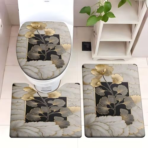 Badezimmermatte Goldene Blätter Fußmatte 3 Teilig Badteppich Set Badmatte rutschfest Rugs for Living Room Saugfähig Bath Mat Langlebig Fussmatte Innen Waschbar Badezimmerteppich 50x80cm von HJOSWVNS