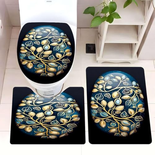 Badezimmermatte Goldene Blaue Blätter Fußmatte 3 Teilig Badteppich Set Bath Mat rutschfest Badmatte Saugfähig Teppich Wohnzimmer Langlebig Badezimmerteppich Waschbar Fussmatte Innen 50x80cm von HJOSWVNS