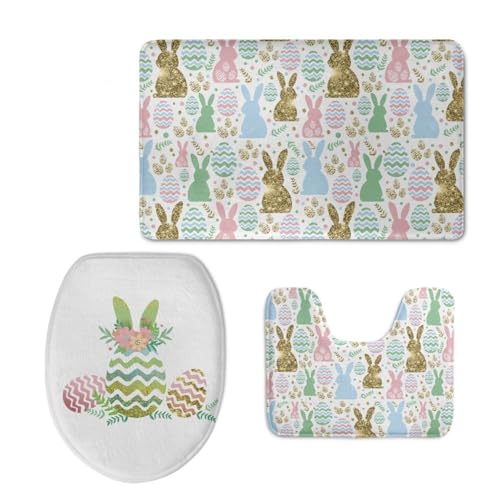 Badezimmermatte Goldener Kaninchen Grün Fußmatte 3 Teilig Bath Mat rutschfest Badmatte Saugfähig Wohnzimmer Badezimmerteppich Langlebig Badematte Waschbar Badteppich Set Badezimmermatten 45x75cm von HJOSWVNS