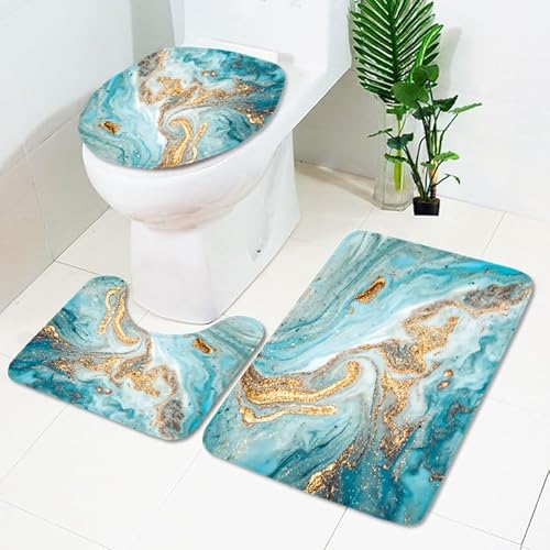 Badezimmermatte Goldener Marmor Blau Fußmatte 3 Teilig Badteppich Set Badmatte rutschfest Rugs for Living Room Saugfähig Bath Mat Langlebig Fussmatte Innen Waschbar Badezimmerteppich 50x80cm von HJOSWVNS