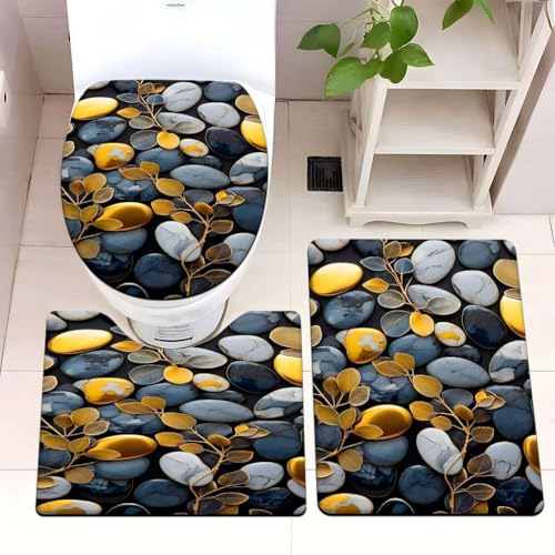 Badezimmermatte Goldener Marmor Blau Fußmatte 3 Teilig Badteppich Set Bath Mat rutschfest Badmatte Saugfähig Teppich Wohnzimmer Langlebig Badezimmerteppich Waschbar Fussmatte Innen 45x75cm von HJOSWVNS