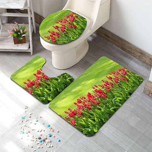 Badezimmermatte Gras Grüne Blume Fußmatte 3 Teilig Badteppich Set Badmatte rutschfest Rugs for Living Room Saugfähig Bath Mat Langlebig Fussmatte Innen Waschbar Badezimmerteppich 50x80cm von HJOSWVNS