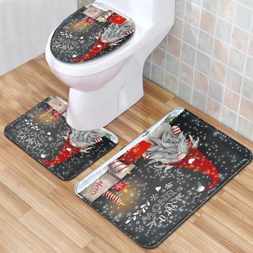 Badezimmermatte Grau Rot Weiß Fußmatte 3 Teilig Duschvorleger rutschfest Badezimmerteppich Saugfähig Badvorleger Set Bath Mat Langlebig Badmatte Waschbar Badematte 50x80cm von HJOSWVNS