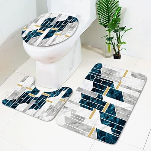 Badezimmermatte Grau Weiß Blau Fußmatte 3 Teilig Duschvorleger rutschfest Badezimmerteppich Saugfähig Badvorleger Set Bath Mat Langlebig Badmatte Waschbar Badematte 50x80cm von HJOSWVNS