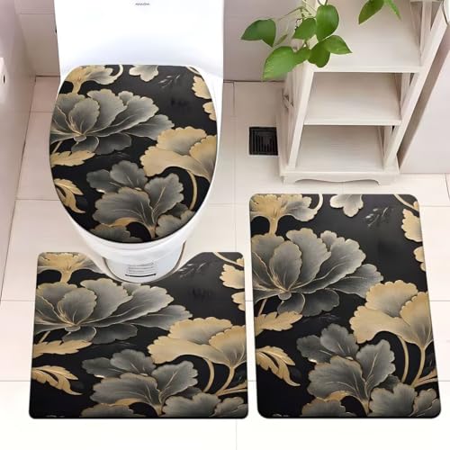 Badezimmermatte Graue Ginkgo Blätter Fußmatte 3 Teilig Badteppich Set Badmatte rutschfest Rugs for Living Room Saugfähig Bath Mat Langlebig Fussmatte Innen Waschbar Badezimmerteppich 50x80cm von HJOSWVNS