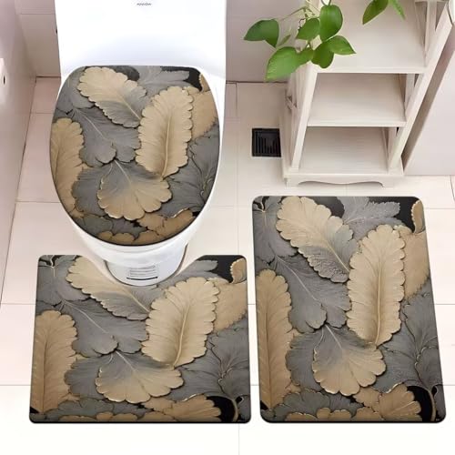 Badezimmermatte Graue Kamelblatt Fußmatte 3 Teilig Badteppich Set Badmatte rutschfest Rugs for Living Room Saugfähig Bath Mat Langlebig Fussmatte Innen Waschbar Badezimmerteppich 50x80cm von HJOSWVNS